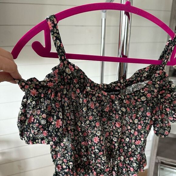 Bebe floral boho print smocked cropped off shoulder top sz small - Picture 4 of 8